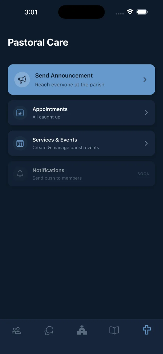 Koinonia pastoral care screen: send an announcement, appointments, services and events